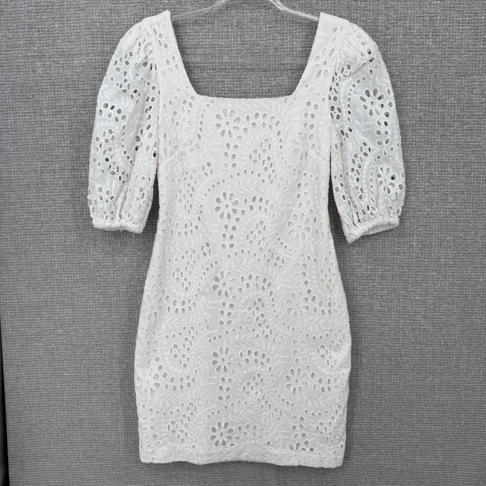 Eliza J Eyelet Puff Sleeve Mini Dress Womens 4 White Cotton‎ Floral Minimalist